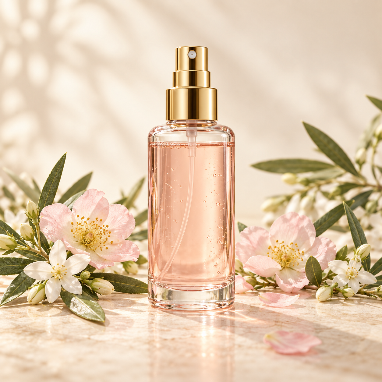 Bruma facial en frasco rosado con flores