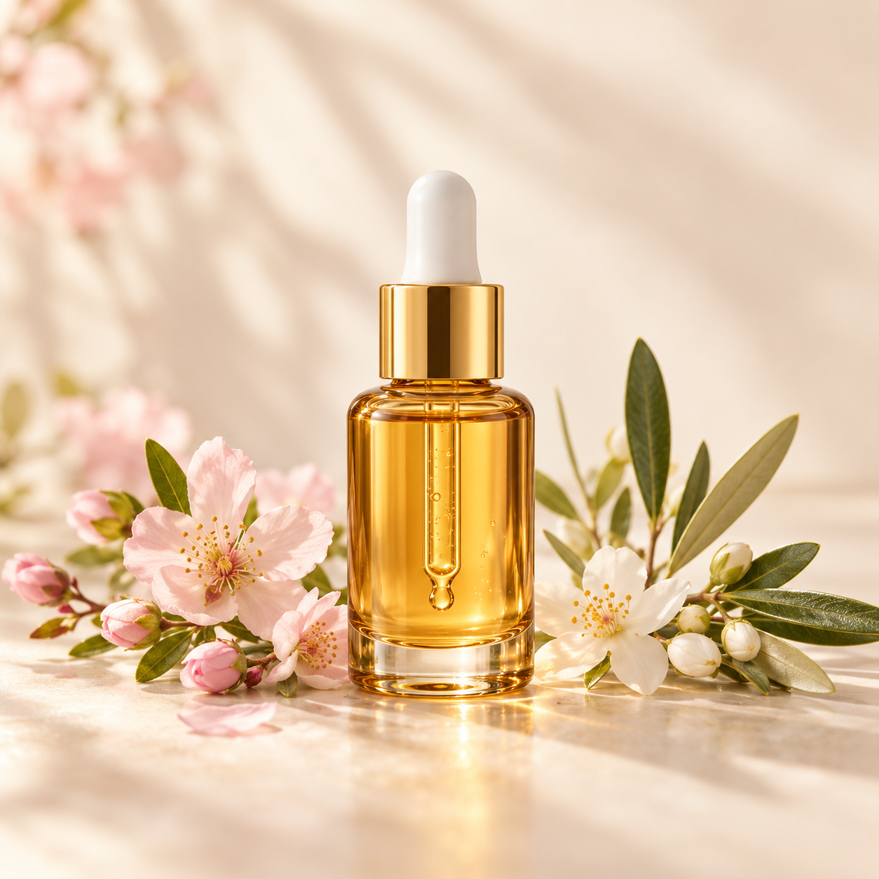 Sérum facial en frasco ámbar con flores