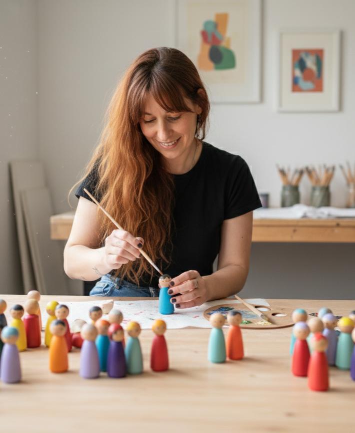 Yesica Vallado trabajando con figuras de madera